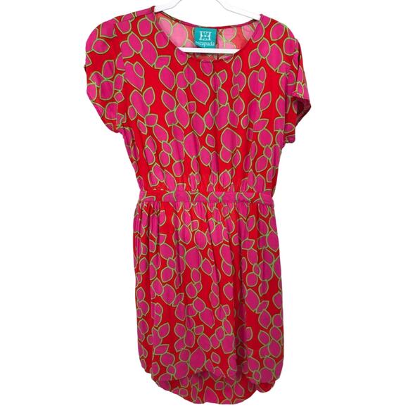 Escapada Red Pink Print Open Back Short Sleeve Mini Dress Womens L - Picture 1 of 7